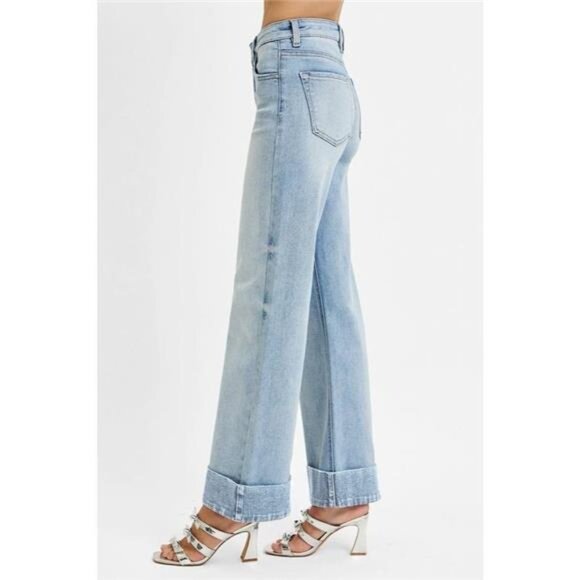 RISEN Full Size Tummy Control High Rise Ankle Wide Cuffed Jeans Plus Size - Picture 4 of 6